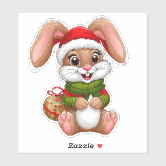 Pegatina Adorable conejo de Navidad con sombrero de Santa (Hoja)