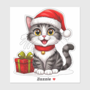 Pegatina Adorable Gatito de Navidad con Sombrero de Santa
