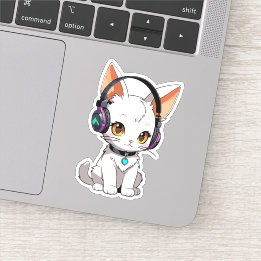 Pegatina Adorable gato kawaii con auriculares