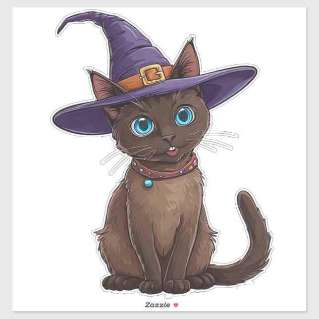 Pegatina Adorable gato siamés en Gorra de brujas (Hoja)