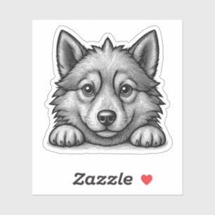Pegatina Adorable Husky Puppy Wood Engraving Style