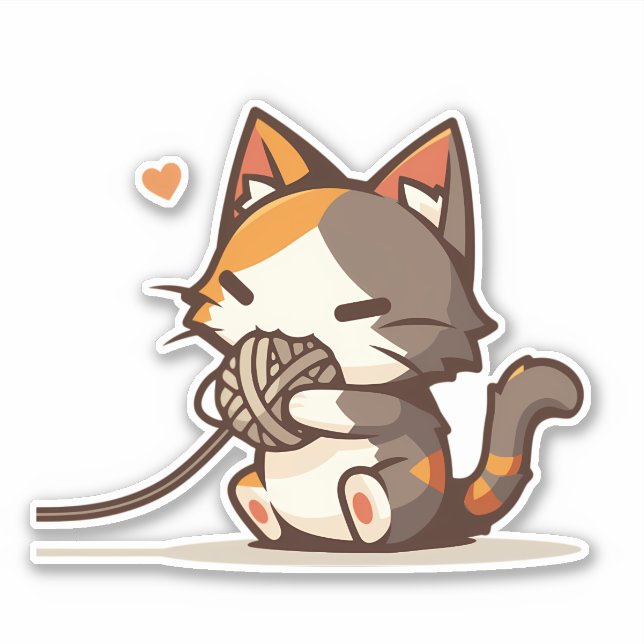 Pegatina Adorable Kawaii Chibi Calico Cat Jugando con Yarn (Anverso)