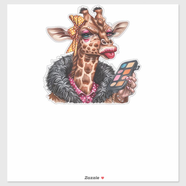 Pegatina Adorable Lady Giraffe Aplicando Maquillaje Con Ojo (Hoja)