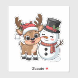 Pegatina Adorable Reno de Navidad & Muñeco de Nieve