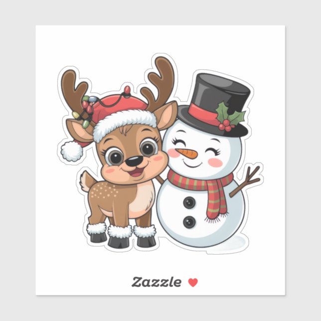 Pegatina Adorable Reno de Navidad & Muñeco de Nieve (Hoja)