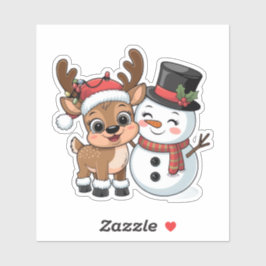Pegatina Adorable Reno de Navidad & Muñeco de Nieve