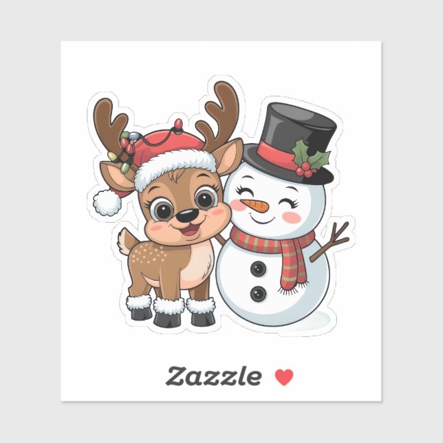 Pegatina Adorable Reno de Navidad & Muñeco de Nieve (Hoja)