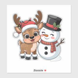 Pegatina Adorable Reno de Navidad & Muñeco de Nieve