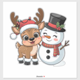Pegatina Adorable Reno de Navidad y Muñeco de Nieve