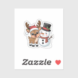 Pegatina Adorable Reno de Navidad y Muñeco de Nieve