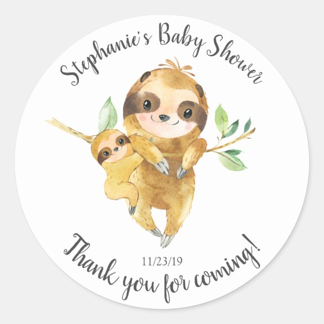 Pegatina Adorable Sloth Baby Shower Favor (Anverso)