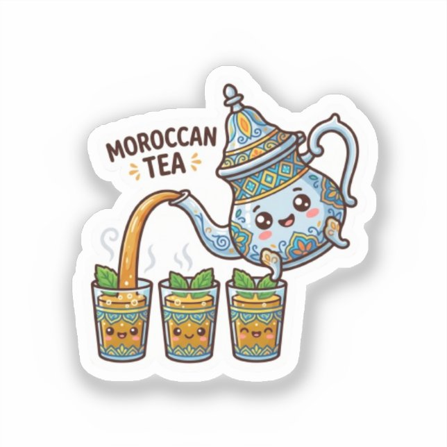 Pegatina Adorable Tetera de Té de Menta Marroquí Kawaii y V (Anverso)
