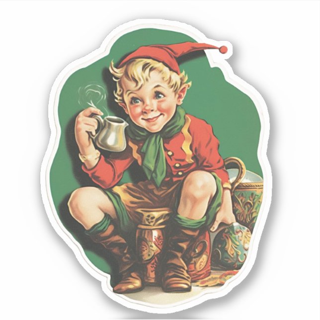 Pegatina Adorable Vintage Christmas Elf Coffee Break (Anverso)