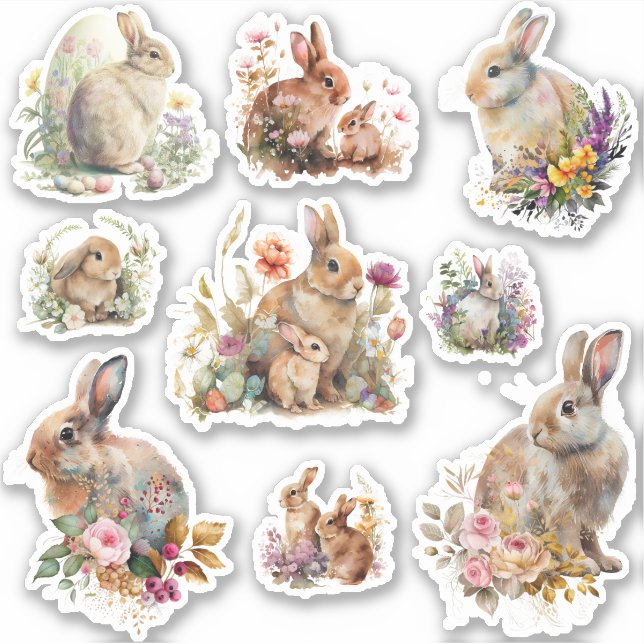 Pegatina Adorables Bunnies de Pascua con flores (Anverso)