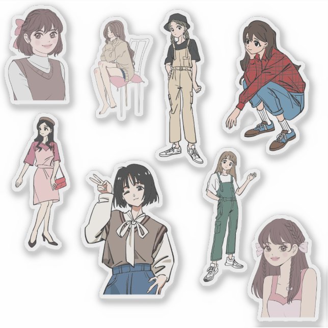 Pegatina Aesthetic Anime Girl Outfit Vinyl Sticker Set (Anverso)
