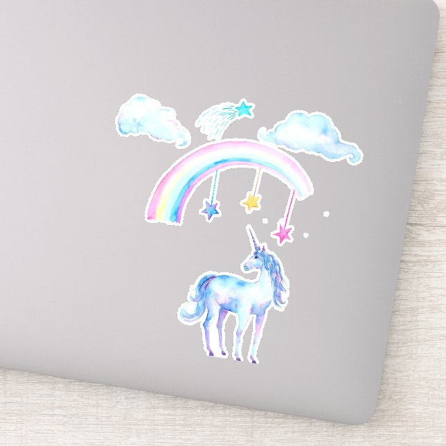 Pegatina Agua azul de bonito Unicornio con arcoiris (Detalle)