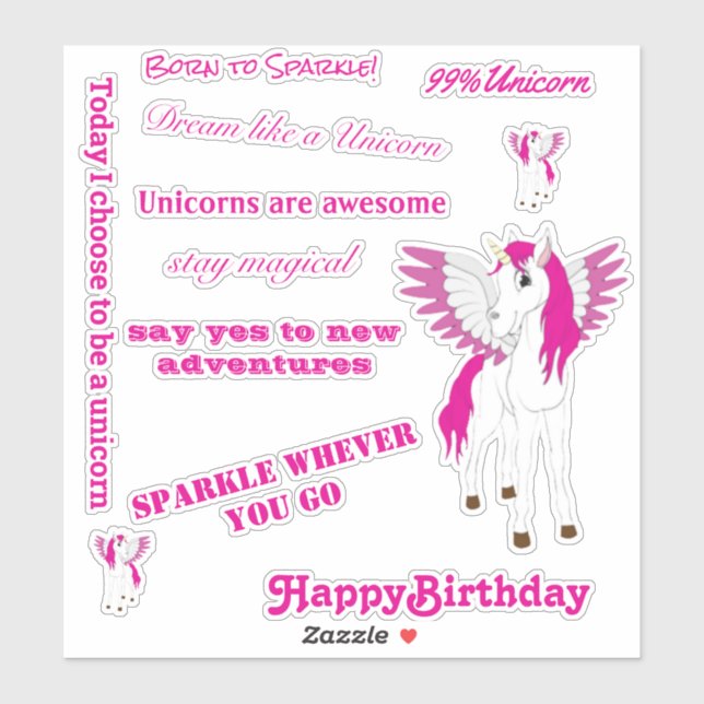 Pegatina Ala Rosa Volando Unicornio (Hoja)