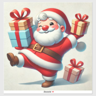 Pegatina Alegre Papá Noel sosteniendo cajas de regalos