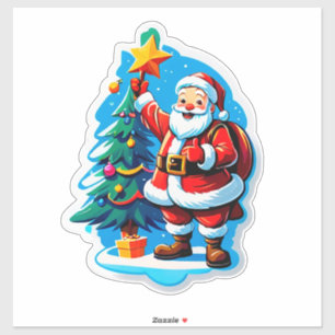 Pegatina Alegre Papá Noel sosteniendo un pequeño árbol de N
