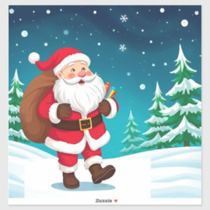 Pegatina 🎅 Alegre Santa caminando en la nieve de invierno 