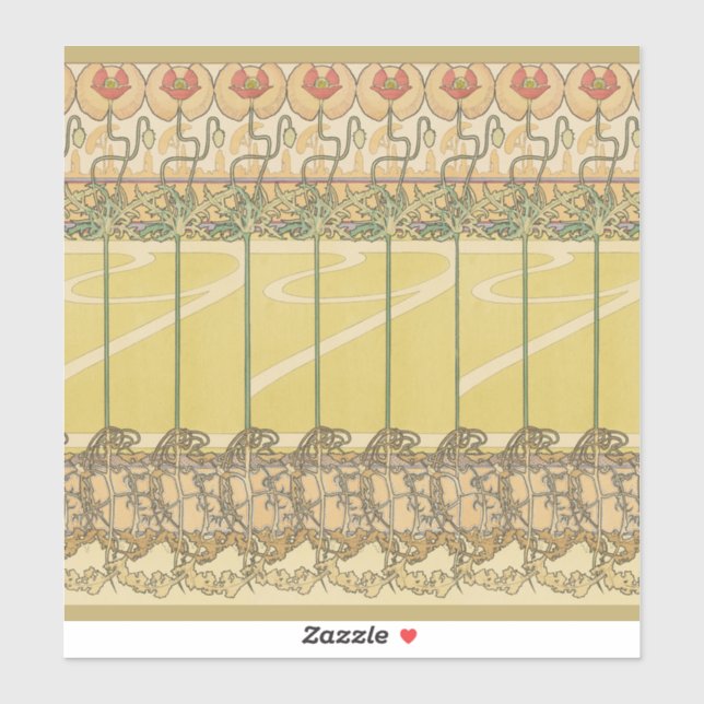 Pegatina Alfonse Mucha Poppies Art Nouveau Floral Wallpaper (Hoja)