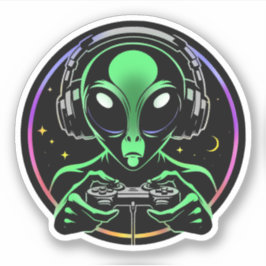 Pegatina Alien jugando videojuegos con fondo estelar