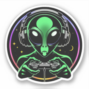 Pegatina Alien jugando videojuegos con fondo estelar