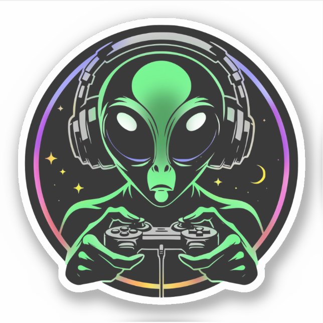 Pegatina Alien jugando videojuegos con fondo estelar (Anverso)