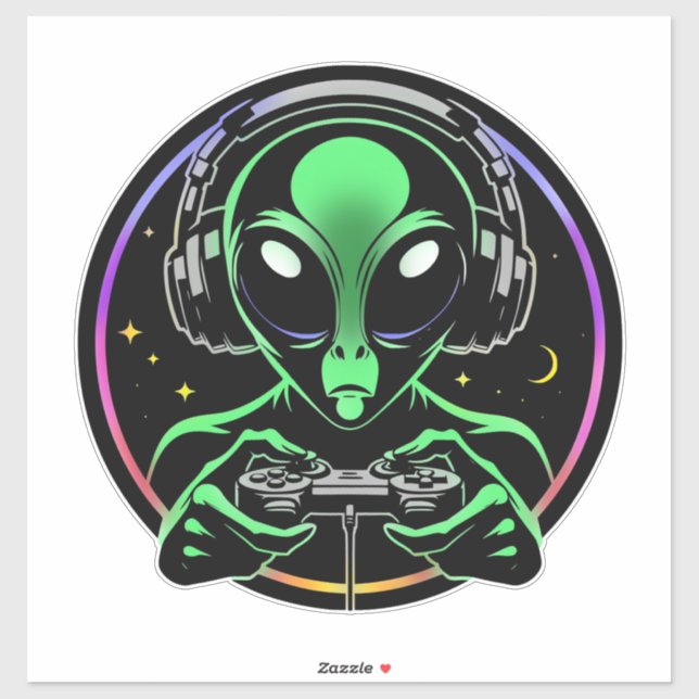 Pegatina Alien jugando videojuegos con fondo estelar (Hoja)