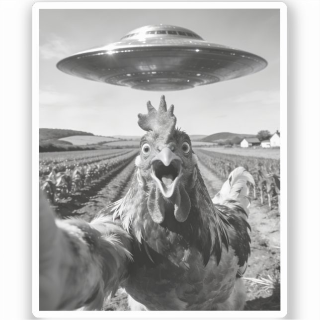 Pegatina Alien UFO Chicken Art Abduction SciFi Humor (Anverso)