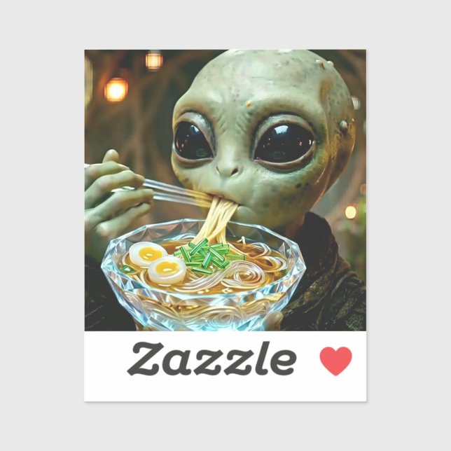 Pegatina Alienígena divertido comiendo fideos Ramen (Hoja)