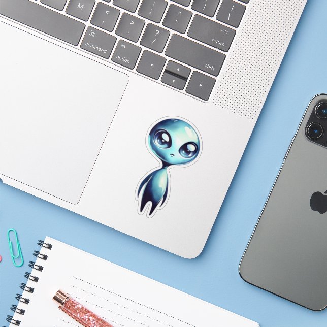 Pegatina Alienígena Kawaii Azul (Ordenado portátil con iPhone)