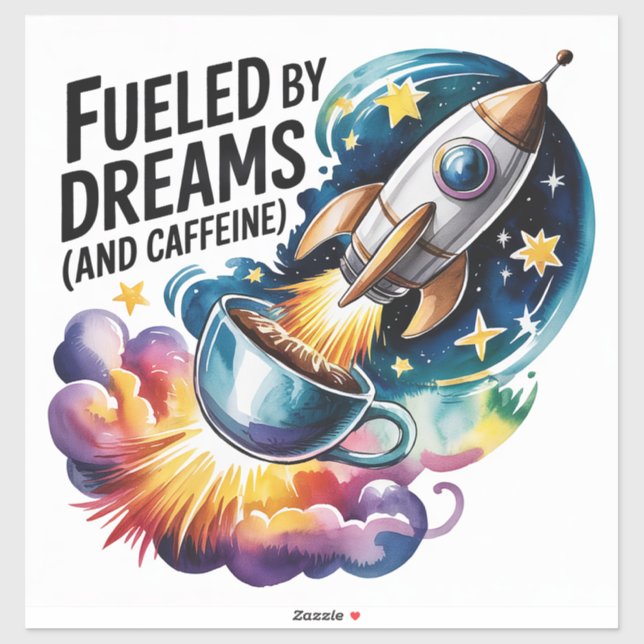 Pegatina Alimentado por sueños (y cafeína) (Hoja)