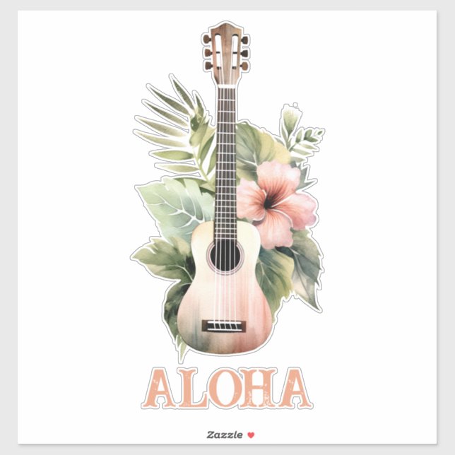 Pegatina Aloha Hibiscus Flower Guitar (Hoja)