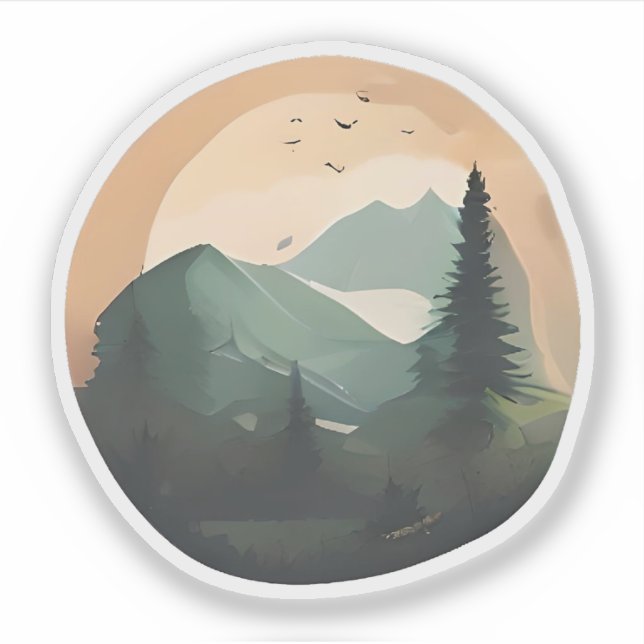 Pegatina Amanecer sobre picos: Una tranquila escena de mont (Anverso)