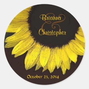 Pegatina amarillo alegre de la boda del girasol