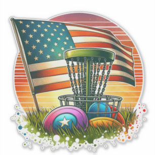 Pegatina American Flag Disk Golf Vintage Sun