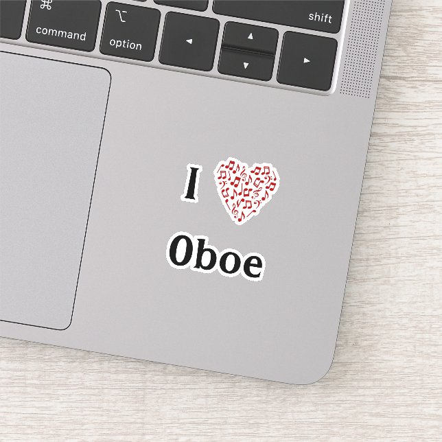 Pegatina Amo Oboe Corazón Rojo de Notas Musicales Vinilo (Detalle)