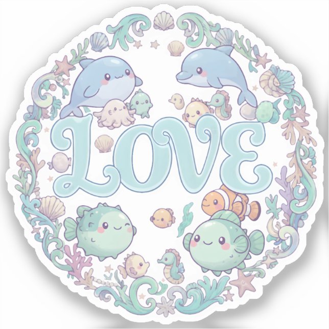 Pegatina Amor Tiernos Animales Marinos Chibi (Anverso)