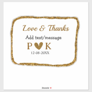 Pegatina Amor y gracias añaden nombre de pareja boda dorado