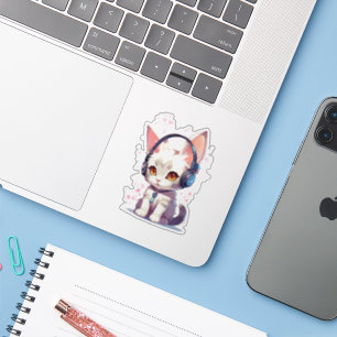 Pegatina Amuleto de gatito lindo con auriculares