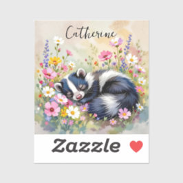 Pegatina An Adorable Skunk Napping in Flowers Personalized
