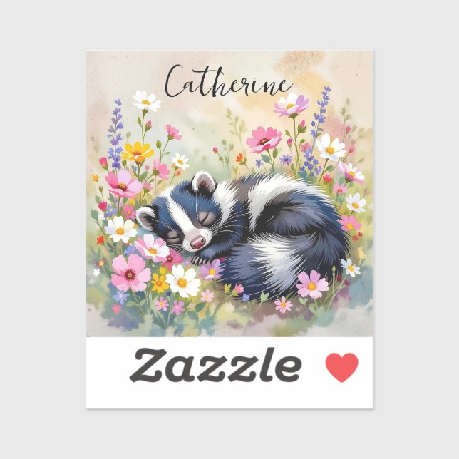 Pegatina An Adorable Skunk Napping in Flowers Personalized (Hoja)