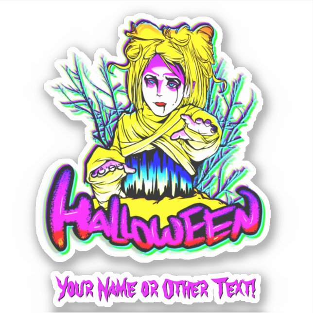 Pegatina Añadir nombre, Chica fantasma momia llega a morado (Anverso)