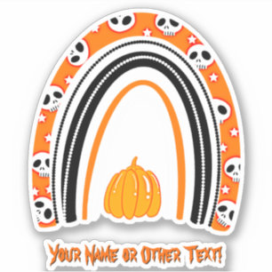 Pegatina Añadir nombre, Halloween Rainbow Skulls naranja de