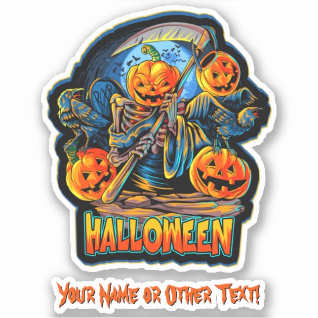 Pegatina Añadir nombre, Monster Calabaza Skeleton Scythe Ki (Anverso)