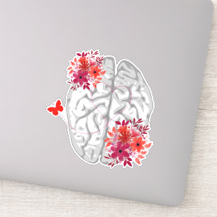 Pegatina Anatomía del cerebro humano con flores rojas