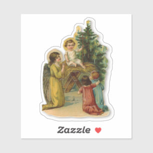 Pegatina Ángeles y Jesús niña cristiana antigua de Navidad