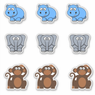 Pegatina Animal salvaje Hipopótamo, Elefante, Mono Cartoon