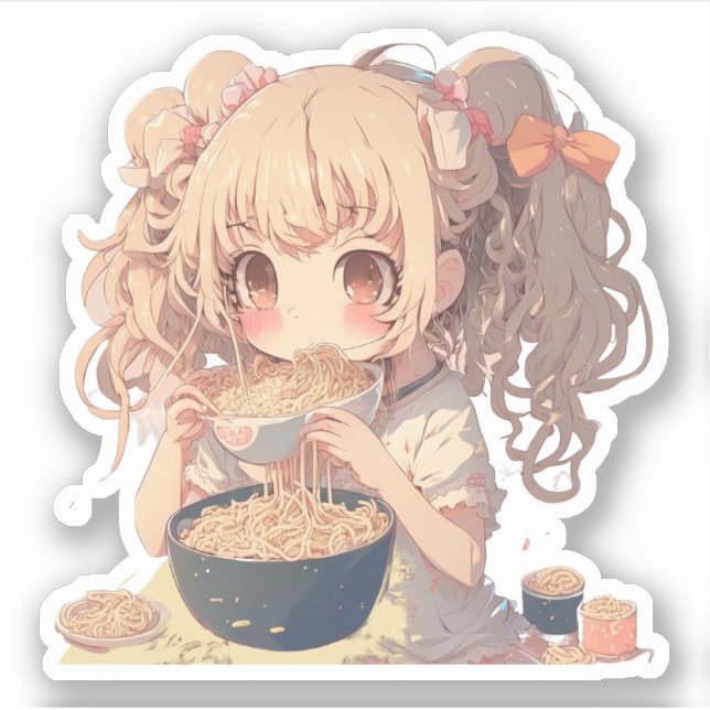 Pegatina Anime Chica comiendo fideos de Ramen (Anverso)